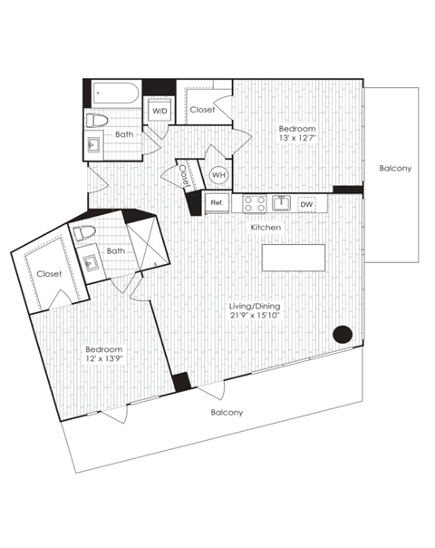 Floor plan for 2 beds, 2 baths, 1141 sqft